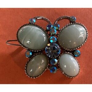 Women’s Hair Clip Butterfly Green Moonstones Blue Rhinestones 1.5” Vintage